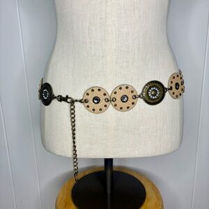Y2K Metal and Faux Leather Circle Chain Hip Belt Rhinestones Rodeo Boho Rockstar